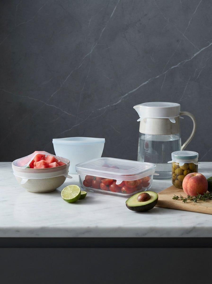 Silicone stretch lids covering various food containers and produce on a modern marble kitchen counter.