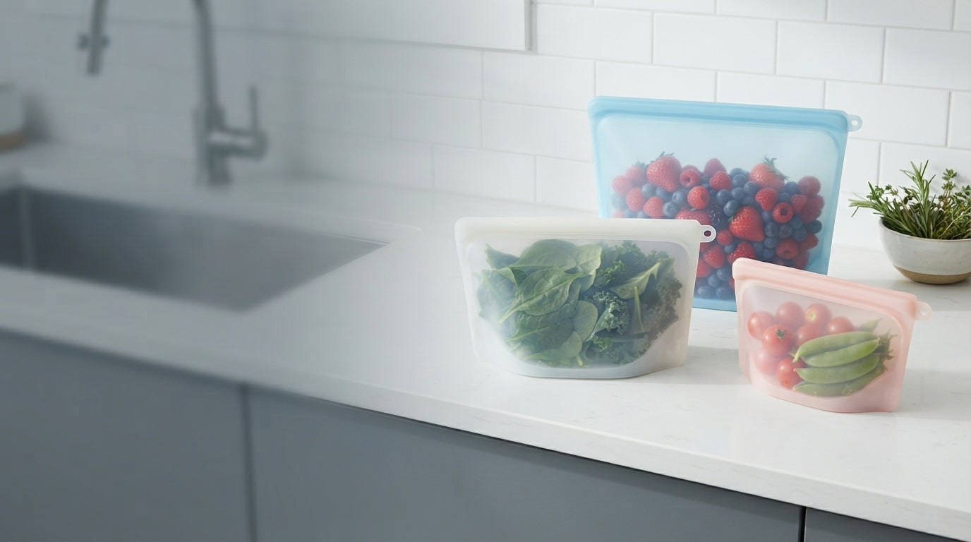 Three silicone food storage bags filled with fresh produce on a kitchen counter in a minimalist, modern home setting.