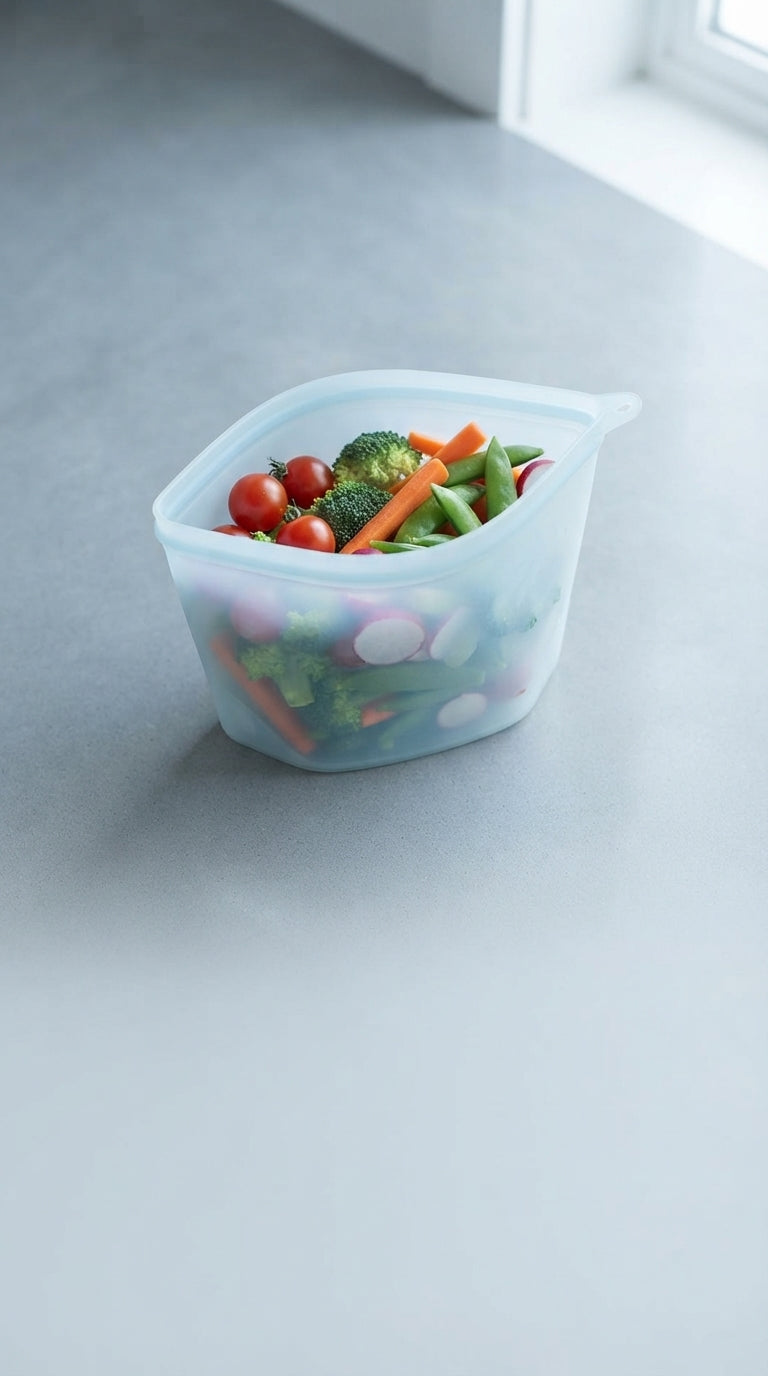 A clear, reusable silicone food storage bag filled with fresh vegetables, centered in a minimalist, bright kitchen environmen