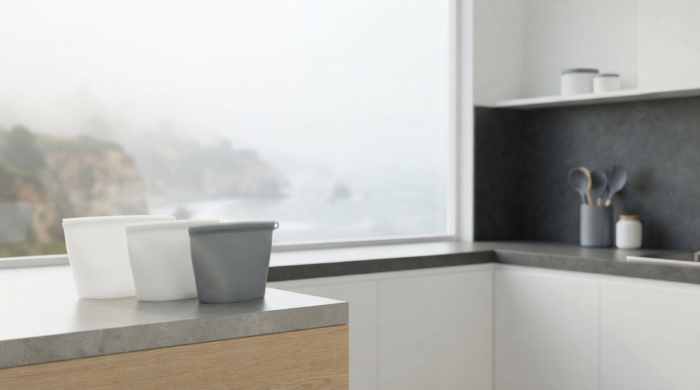 Three reusable silicone food bags sitting on a modern kitchen counter with a blurred coastal view in the background.