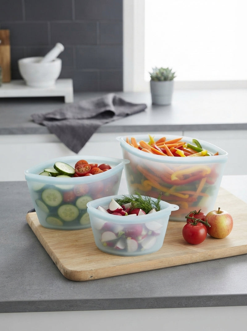 Three silicone food storage bags of different sizes filled with vegetables on a stone kitchen counter.