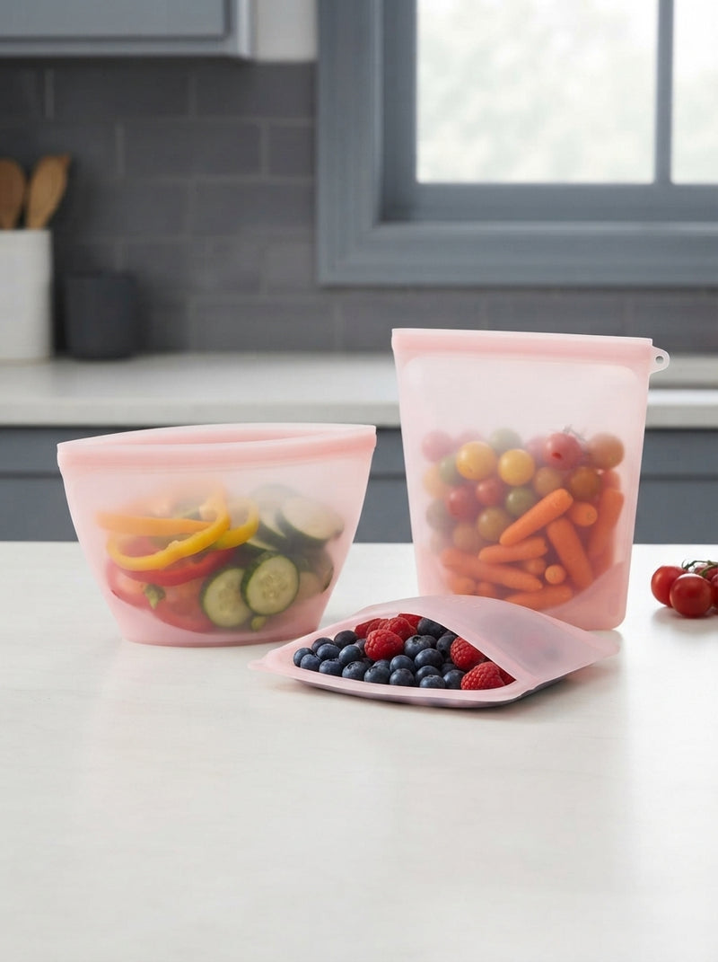 Three sizes of reusable silicone food storage bags filled with fresh produce on a modern kitchen countertop.